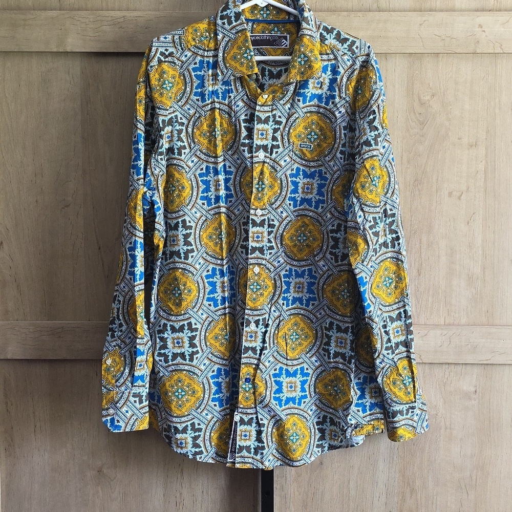 (J32) Enyce Men's Sz XXL Blue and Yellow Geometric Shirt